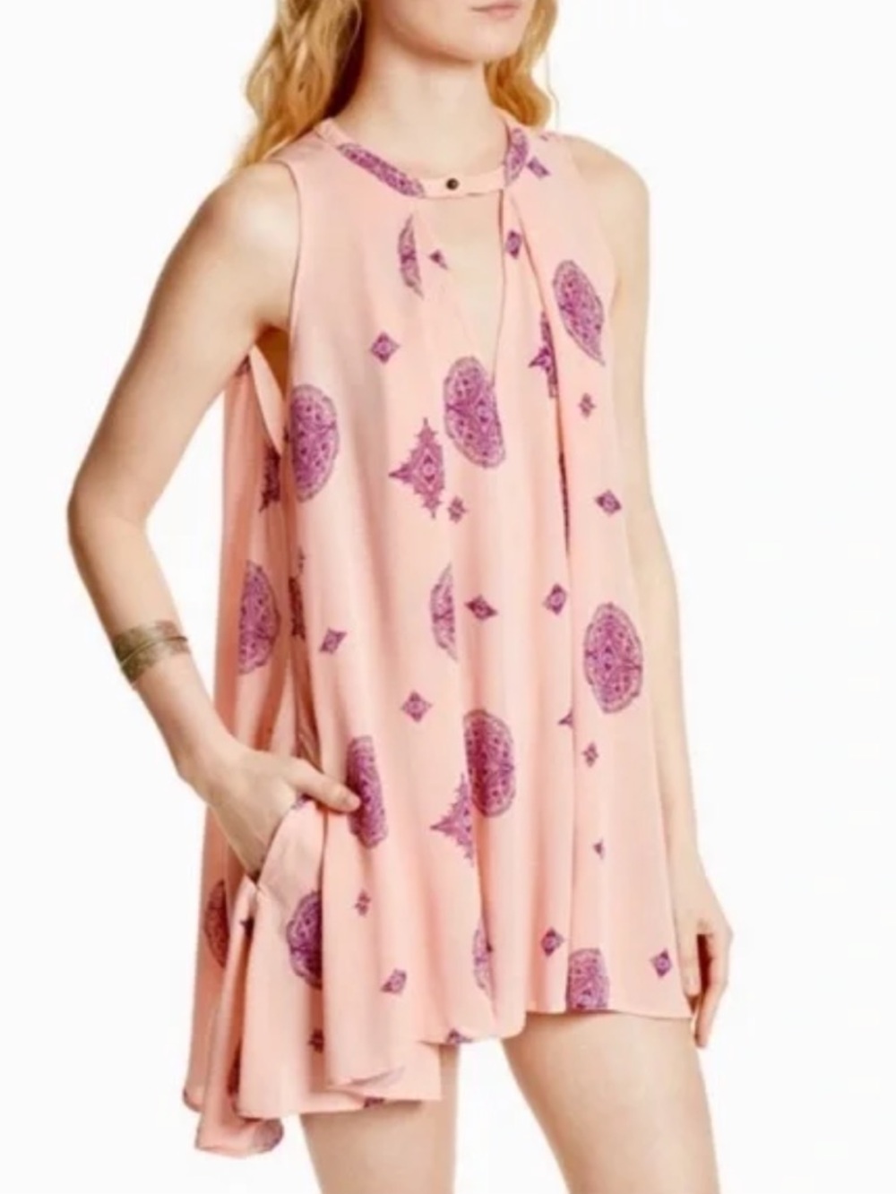 Free People Peach & Purple Printed Swing Tank Dress | Lightweight Boho Top | XS